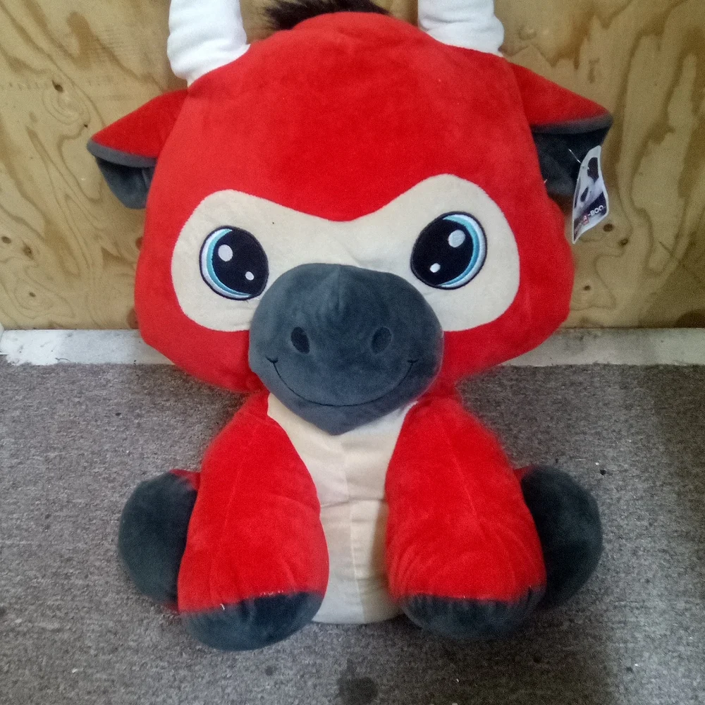Adorable Red and Black Stuffed Bull Toy